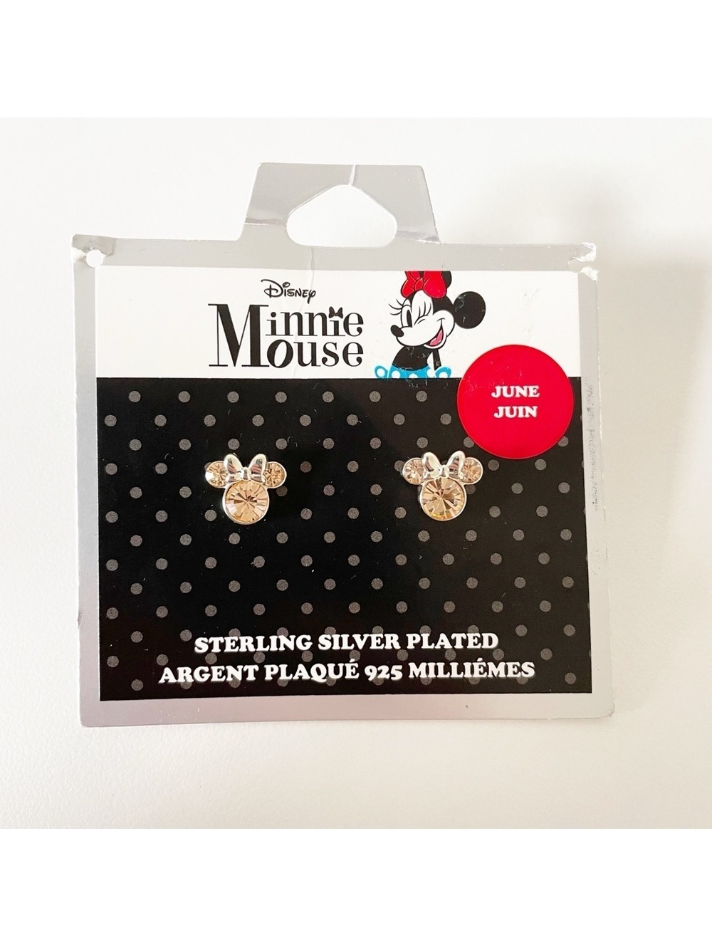 Disney 925 Silver Plated Minnie Mouse Birthstone Light Peach JUNE Stud Earrings
